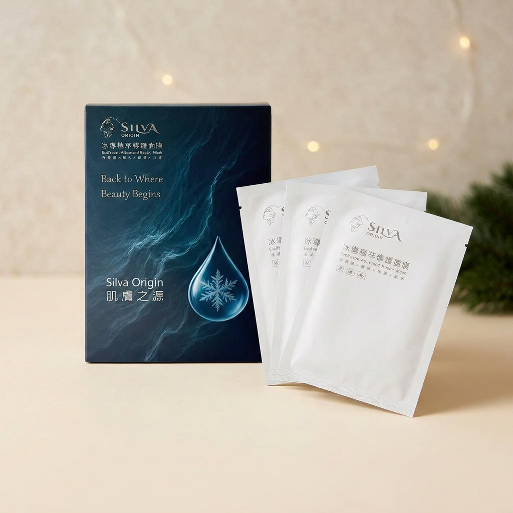 SILVA ORIGIN ExoFreeze冰導極萃修護面膜，一盒與盒內三袋面膜展示